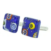 Murano Glass Cufflinks Blue Multi Millefiori Pair Square