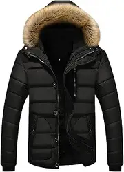 [Gsywaipei] Men's Warm Lined Puffer Jacket Down Jackets Male Fur Removable Hood Windproof Zip Up Insulated Puffy Coat, Black, Large