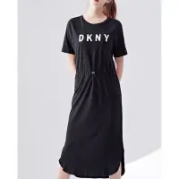 在飛比找蝦皮購物優惠-DKNY圓領字母鬆緊腰圍開叉短袖洋裝M黑色