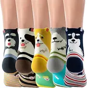 [Elkuaie] 5 Pairs Women Socks, Cute Dog Pattern Socks, Fun Cotton Socks, Casual Women Socks, Socks Gifts for Ladies, Animal Socks for Christmas, Daily, Party, As shown in Fig, One size