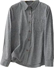 [HanZhuoAu] Women's Striped Cotton and Linen Shirt Retro Casual Lapel Business Shirt