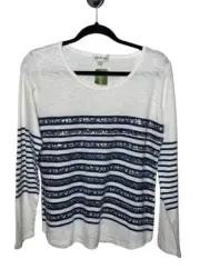 Orvis Sequin Stripe Top Small White Long Sleeve Pullover Cotton Shirt Coastal