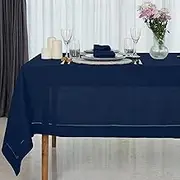 D'Moksha Homes Navy Blue Tablecloth 60 x 108 Inch, 100% Pure Linen Tablecloth 108 inch, Hemstitch Tablecloth, Rectangle Tablecloth for 4th of July - Easy Care, Machine Washable