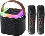 Mini Karaoke Machine with 2 Wireless Microphones, 5200mAh Portable RGB Speaker Mic Set, Bluetooth 5.3 Rechargeable Stereo PA System for Home Party (Black)