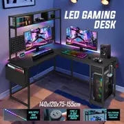 Corner Gaming Desk L Shaped Computer Study Work Table Home Office Workstation Carbon Fibre with RGB LED Light Drawer Shelves Storage Bag Pegboard USB