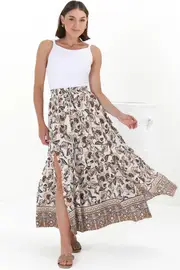 Hellen Maxi Skirt - High Waisted Skirt with Front Splits in Djonga Print Beige