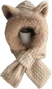 [AOYONGOIT] Cute Fox Ears 2-in-1 Hat and Scarf Winter Set for Women Integrated Ear Protection Windproof Cap(Khaki)
