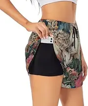 [WURTON] Floral Hedgehogs Print Exercise Gym Workout Shorts Women's Athletic Shorts Dual-Layered Yoga Running Shorts