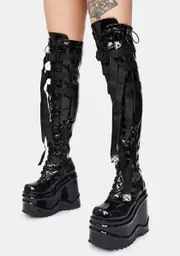 [Demonia] Black Patent Wave-315 Thigh High Boots