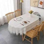 Gernaice Rustic Stripe Embroidered Oval Tablecloth Heavy Tassel Cotton Linen Table Cloth Wrinkle Free Washable Table Cover for Kitchen Dinning Party Holiday White 60x84 Inch