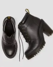 Dr Martens Averil Black Leather Heel Booties Sz 9 US Lace-Up Block Heel Women