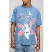 Mens Blue Oversized LinkIn Park Acid Wash License T-Shirt