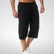Inen Short Men 3/4 Length Knee Cotton Large Size High Waist Plus Size Bermuda Shorts Male Long Men's Summer Breeches black XXXL