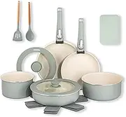 Gotham Steel 18 Pc Non Stick Pots and Pans Set With Removable Handles, Ceramic Non Toxic Cookware, Dishwasher Safe - Sage