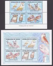 REPUBLICA DE GUINEA 2001 FAUNA BUHOS 4 VALORES + HOJITA BLOQUE NUEVOS MNH