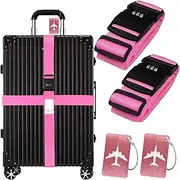 [Fuyfyre] 4Pcs Luggage Strap Set, Heavy Duty Case Straps, Adjustable Code Suitcase Belts Name Tags Cross Combined Locks with Name Tags, for Security Travel Customize Suitcase Style (Pink)