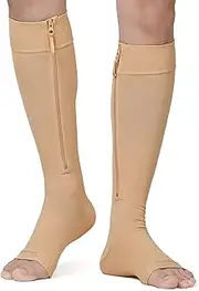 NURCOM Zipper Compression Stockings, 1 Pair for Women & Men, Soft-in 15-20mmHg Open Toe Compression Socks Firm Support for Walking, Recovery, Nursing, Varicose Veins, Edema Swelling Relief