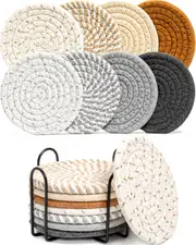 8 Pcs Drink Coasters with Holder, Absorbent Coasters, Cotton Coaster Set, Woven Coasters for Coffee Table Bar Housewarming, 4.3 Inch