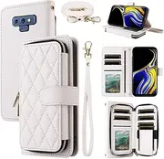 Dswteny Argyle Wallet Case for Samsung Galaxy Note 9 with Wrist Strap Shoulder Strap, Zipper Purse Luxury PU Leather Flip Credit Card Holder Stand Cell Phone Cover for Note9 Not S9 Women Girls White