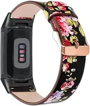 Abanen Leather Bands for Fitbit Charge 6/Charge 5, Floral Print Soft Leather Women Wristband Strap with Stainless Steel Quick Release Compatible with Fitbit Charge 5