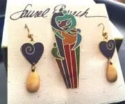 Love & Unity Family Red Teal & 22KT GP Brooch Hook Earrings Set By Laurel Burch