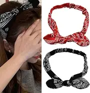 Black Bandana Knot Headbands for Women Red Paisley Hair Bandanas Boho Elastic Rabbit Ears Scarf Headband for Girls Knotted Bow Hair Bands Headwraps Non Slip Wide Head Bands for Women's Hair 2PCS