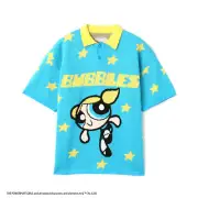 The Powerpuff Girls X atmos pink Jacquard Knit Polo Shirt BLUE Japan New