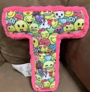 JUSTICE PILLOW 13” INITIAL “T” PINK PLUSH EMOJIS SUPER CUTE!!