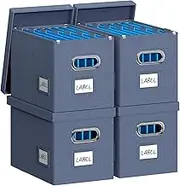 DYWMM Hanging File Box with Lid, Set of 4 Filing Organizer Storage Box, Linen Collapsible Decorative Office/Home File Cabinet (14x9.3x10.9 inch) (Navy Blue-4 Pack)