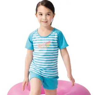 【沙兒斯】藍色橫紋防曬短袖兩件式女童泳裝(兒童泳裝)