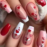 MISUD Long Coffin Fake Nails, Glossy False Nails with Glue, Red French Tip Acrylic Nails, Ballerina Style Artificial Nails, Adhesive False Nails with Design