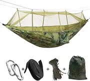 Portable Camping Hammock with Net, Breathable Parachute Nylon Hanging Bed for Outdoor Travel, Lightweight, Includes Ropes and Hooks (Camouflage)