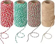 Joyberg 4 Rolls Christmas Cotton Twine for Crafts, Natural Jute Rope - Green, Red and White for Wrapping, Gardening, Decorating (70m/Roll)
