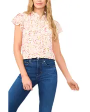CeCe Floral Double Flutter Short Sleeve Top