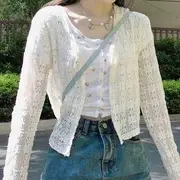 Lace Cardigan / Floral Cropped T-Shirt / Denim Mini Pencil Skirt Skirt - Blue - S