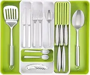 nuovva Cutlery Drawer Organiser – Adjustable Utensil Tray for Drawers – Expandable Cutlery Set Holder – Compact Drawer Divider for Knives, Forks and Spoons – White & Lime Green