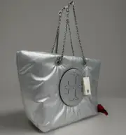 AUTH NWT TORY BURCH ELLA Logo Metallic Chain Puffy Tote Shopper In Silver