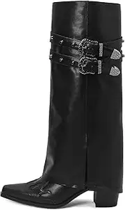 [JANSEVEN] Fold Over Boots for Women Overlay Knee High Boot Chunky Block Mid Heel Pull On Tall Boots Foldover Wide calf Boots