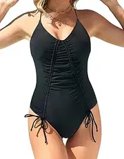 [Leoparts] Women's Ruched High Cut One Piece Swimsuit Halter Drawstring Tummy Control Bathing Suit Monokini