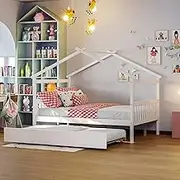 Bellemave Full Size House Bed with Trundle, Playhouse Bed Wooden Montessori Bed with Roof for Boys Girls Teens, White