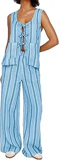 [Leyajedol] Women Tie Front 2 Piece Pants Outfit Striped Open Front Vest Top Wide leg Lounge Pants Y2K Summer Going Out Set