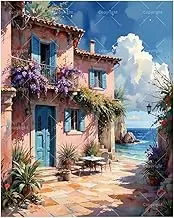 Mediterranean House Paint by Numbers Kit for Adults - DIY Seaside Villa with Flowers Painting on Canvas 16x20 Inches, Acrylic Paint Set,Suitable for Beginners,Coastal Art for Home Decoration