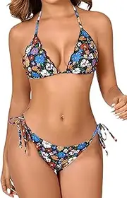 [JOYBIK] Women's Two Piece Triangle Bikini Sets Ruffle Halter Tie Side String Adjustable Sexy Swimsut with Romovable Padded
