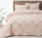 Annabelle 3-Piece Blush Queen Size Quilt Set - Diamond Ruffle Stone-Washed Su...