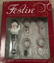 WINE STOPPER & 4 Glass Charm SET Christmas Gift Wine Lovers FESTIVE