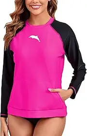[Halcurt] Womens Long Sleeve Rash Guard with Built in Bra UPF50+ Swim Shirts with Pockets Swimsuit Top