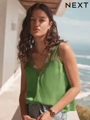 Green Lace Trim Satin Cami Top (AM7665) | $54
