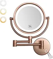 GURUN Wall Mounted Hardwired Makeup Mirror with 3 Tones Dimmable LED Lights 10x Magnifying Mirror with Touch Control for Bathroom Bedroom 13" Extendable Arm M1809DB-9x10MR-T(10x,Matte Rose Gold)