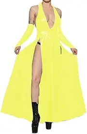 [EGEN] Sexy Halter Sleeveless High Split Slim Midi Dress PU Leather Dress with Gloves Slim Backless Long Dress Club Party Robe S-7XL (5X-Large,Light Yellow,5X-Large)