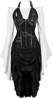 [Hengzhifeng] Women's Steampunk Corsets Leather Bustier Tops with Pirate Skirt and Gothic Blouse Costume